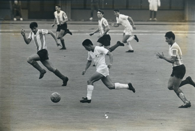 TOKYO, JAPAN - OCTOBER 14:  (CHINA OUT, SOUTH KOREA OUT) Ryuichi Sugiyama of Japan in action during the Tokyo Olympics Football Group D match between Japan and Argentina at Komazawa Stadium on October 14, 1964 in Tokyo, Japan.  (Photo by The Asahi Shimbun via Getty Images)